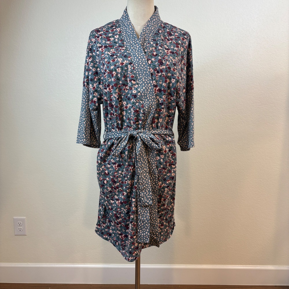 Pact Robe Women M/L Blue Floral Organic Cotton Pockets Wrap Loungewear Cozy